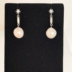 vintage  white gold and pearl drop dangle earrings